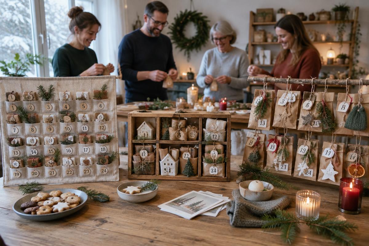 Drei fertig zusammengestellte Adventskalender mit nummerierten, unterschiedlich verpackten handgemachten Geschenken