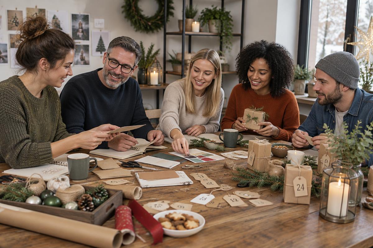 Fünf Menschen planen an einem Holztisch gemeinsam einen selbst gemachten Adventskalender