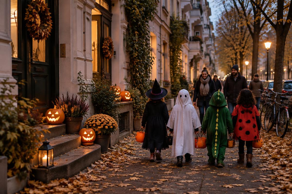 Kinder in selbst gemachten Kostümen laufen mit Erwachsenen durch eine herbstliche deutsche Wohnstraße