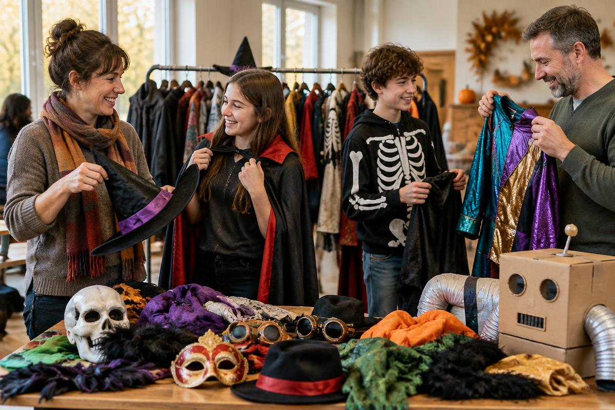 Erwachsene und Jugendliche tauschen gut erhaltene Halloween-Kostüme in einem hellen Gemeinschaftsraum