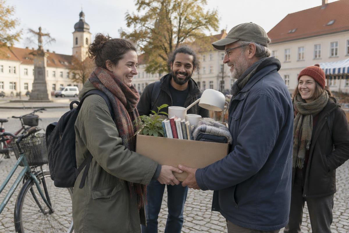 Nachbarinnen und Nachbarn übergeben auf einem Marktplatz eine Kiste mit Dingen
