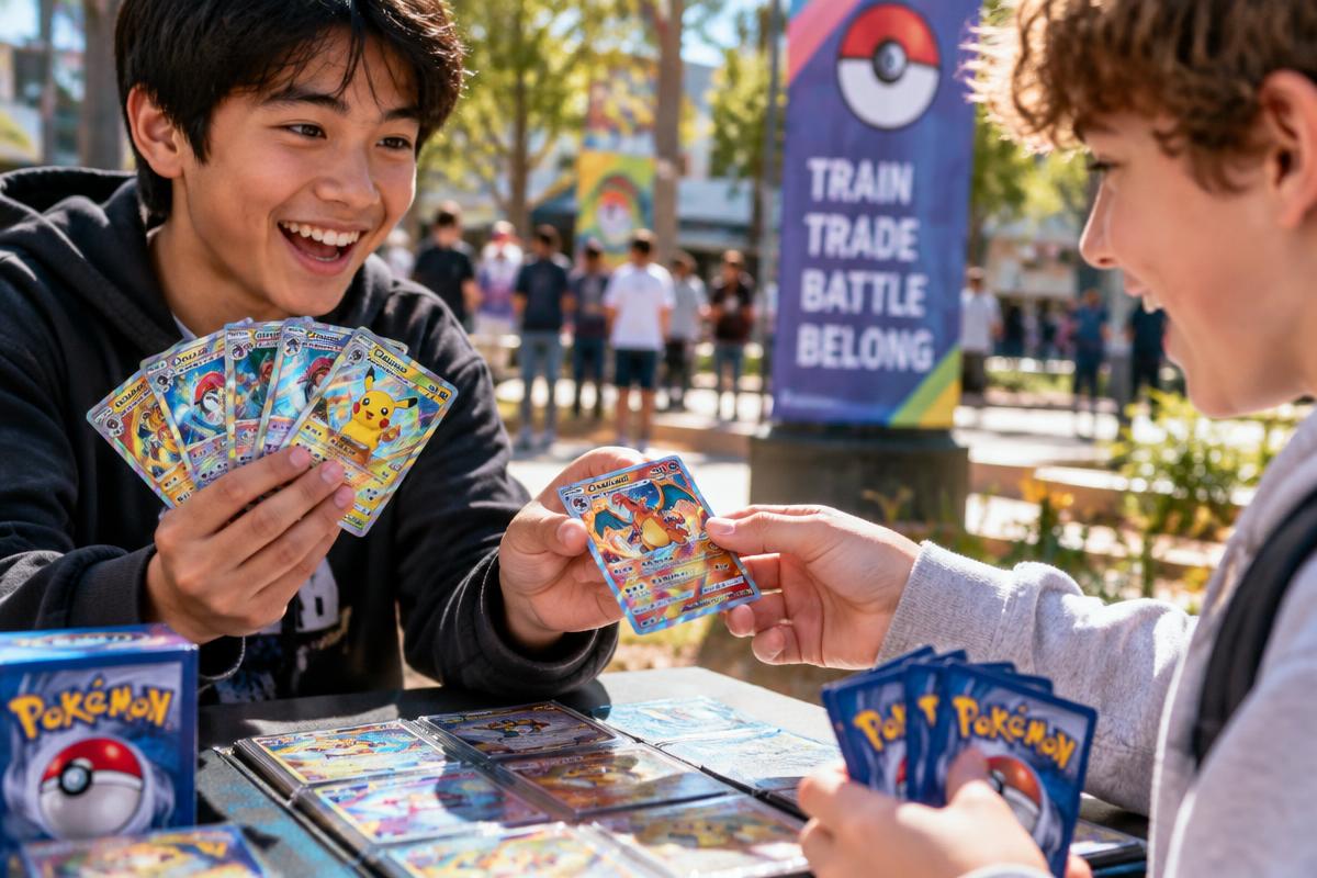 Zwei jugendliche Sammler tauschen an einem sonnigen Tisch glänzende Pokémon-Sammelkarten