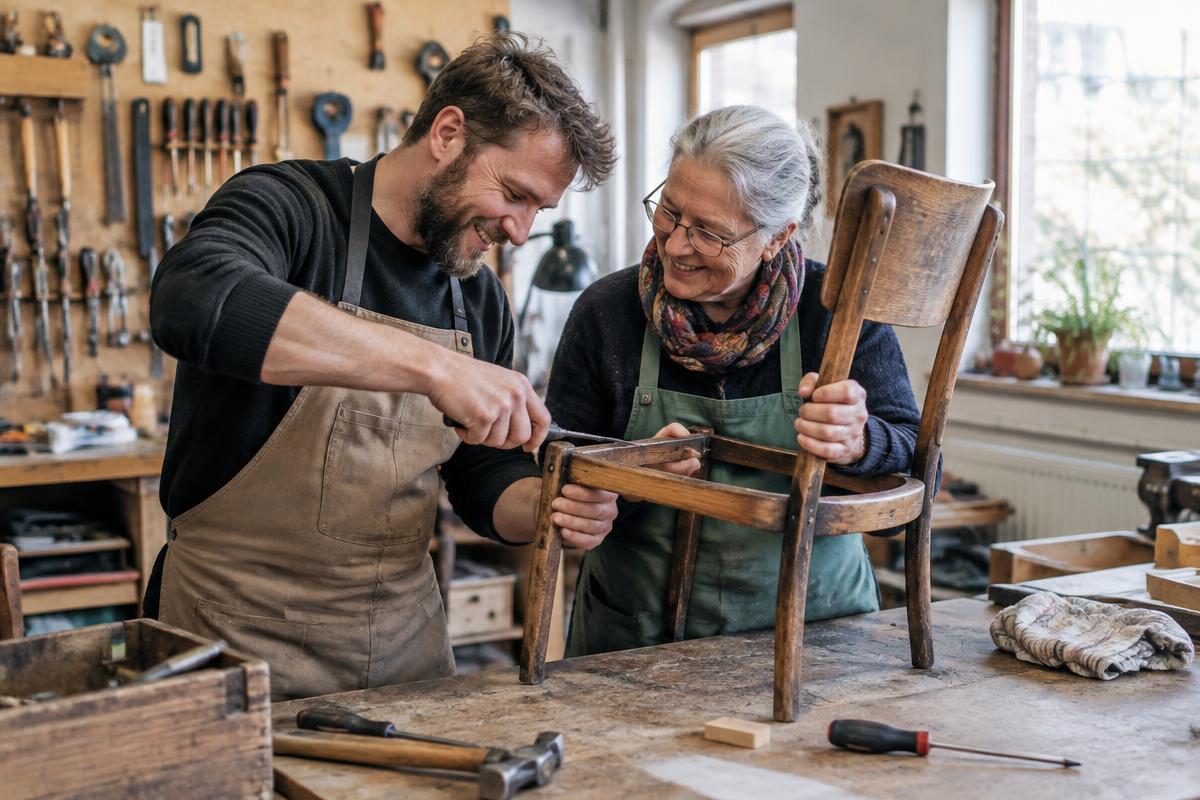 Zwei Menschen reparieren gemeinsam einen alten Holzstuhl in einer Werkstatt