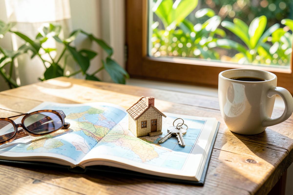 Schlüssel mit kleinem Haus-Anhänger liegen auf einem aufgeschlagenen Reiseführer neben Sonnenbrille und Kaffeetasse